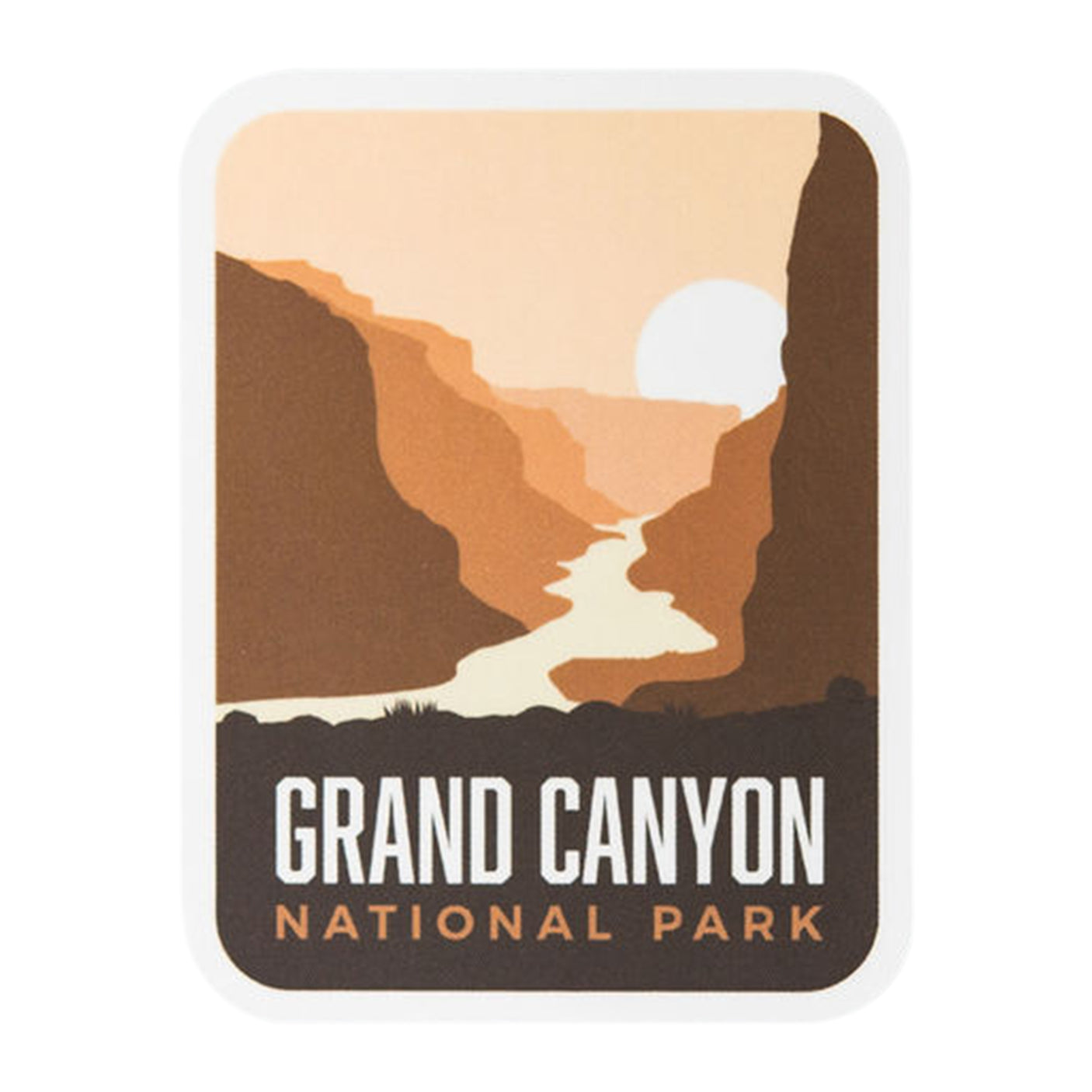Grand Canyon National Park sticker featuring a sunset over canyon cliffs and a river, with warm earth tones.