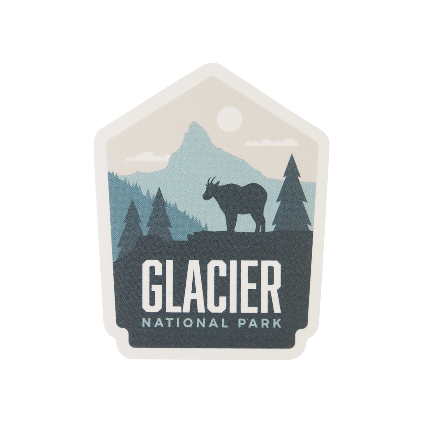 Glacier National Park sticker featuring a mountain silhouette and a goat among trees in muted colors.