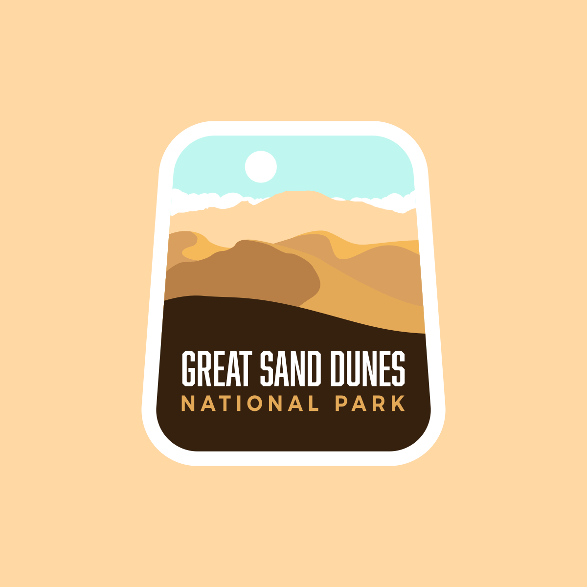 Great Sand Dunes National Park sticker featuring sandy dunes and a blue sky with clouds.