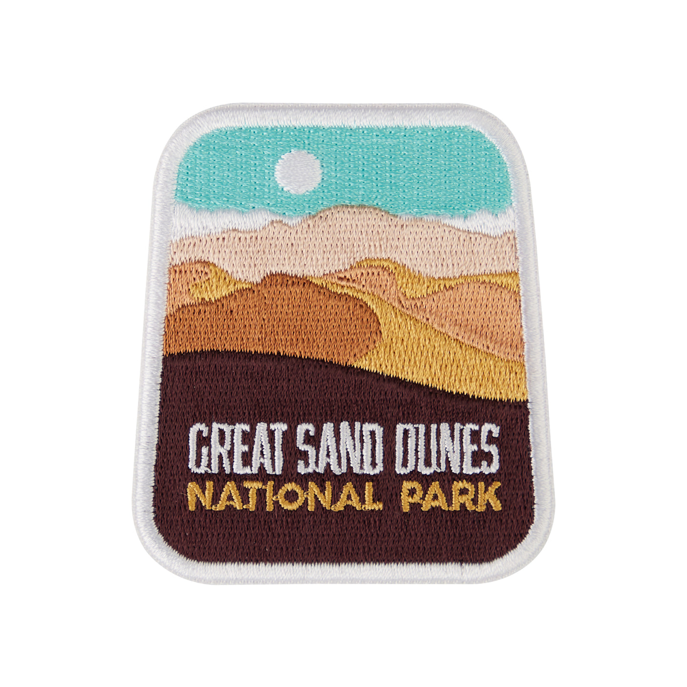 Great Sand Dunes National Park patch featuring embroidered mountains, a blue sky, and the park name in white text.