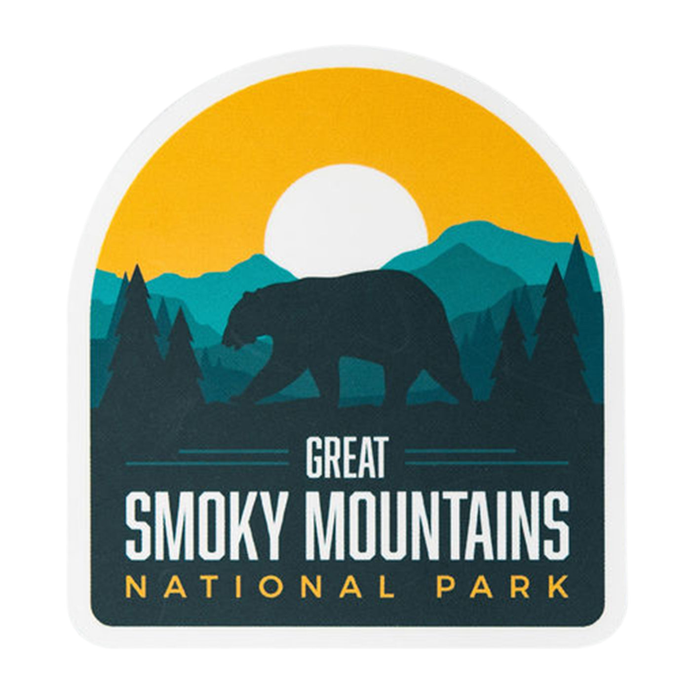 Great Smoky Mountains National Park sticker featuring a bear silhouette against a sunset and mountain backdrop.