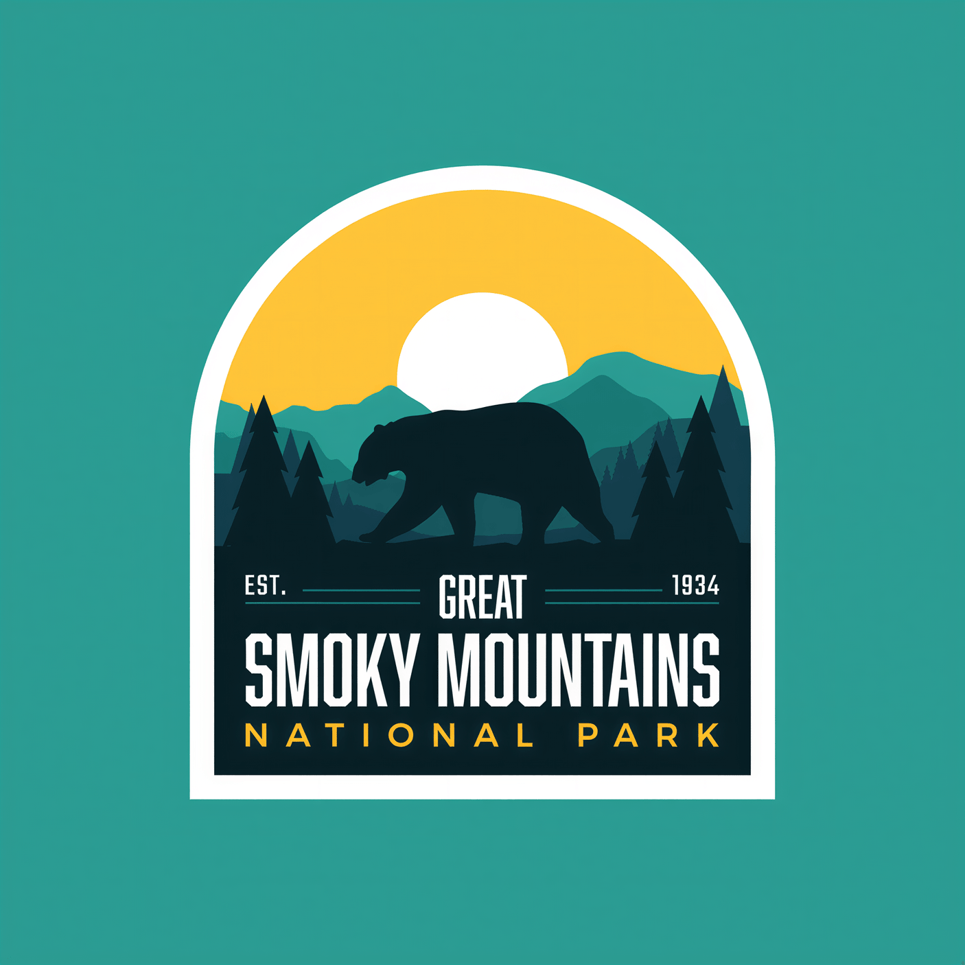 Great Smoky Mountains National Park sticker featuring a bear silhouette, mountains, and a sun in yellow and blue tones.