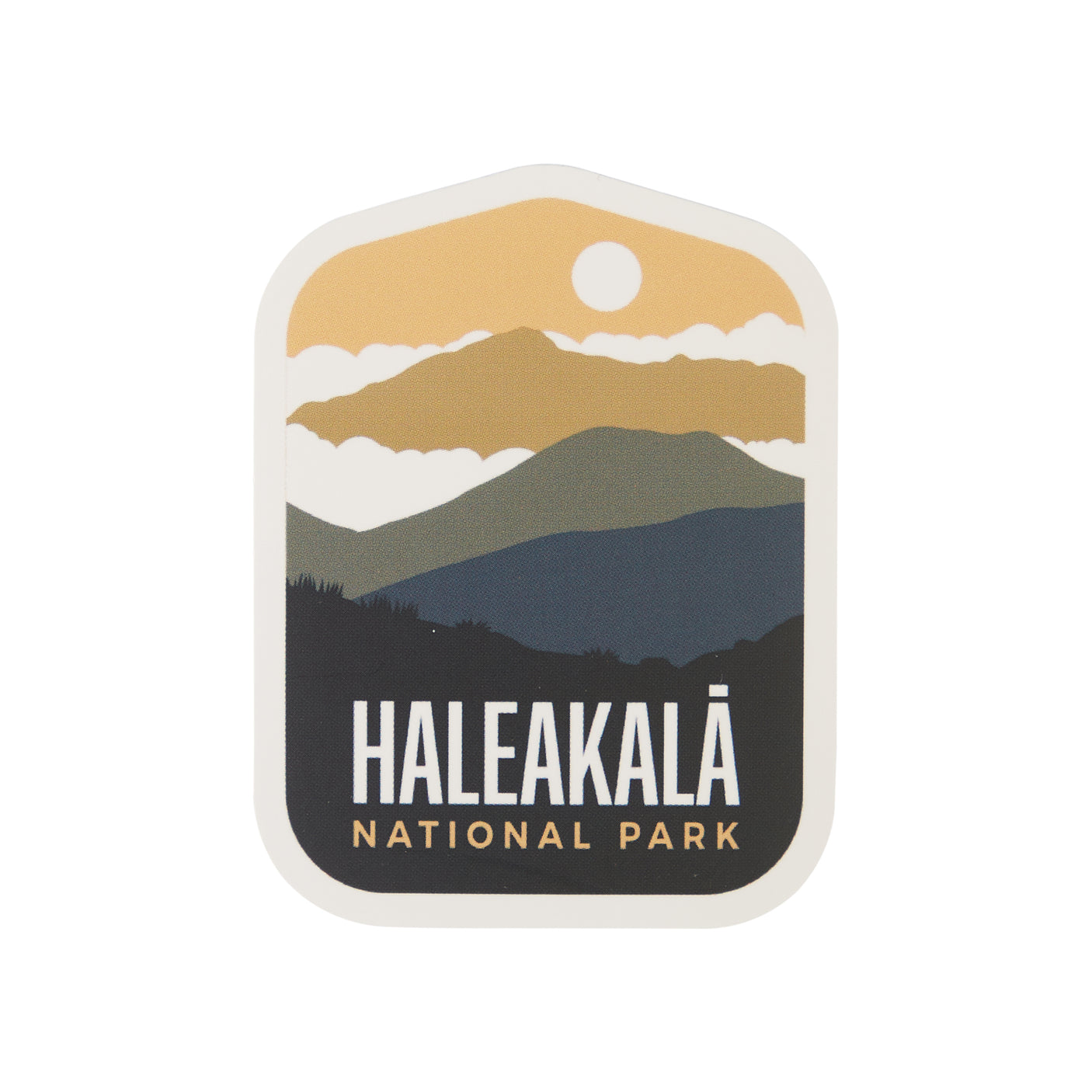 Haleakalā National Park sticker featuring mountains and clouds in earthy tones of gold, green, and black.