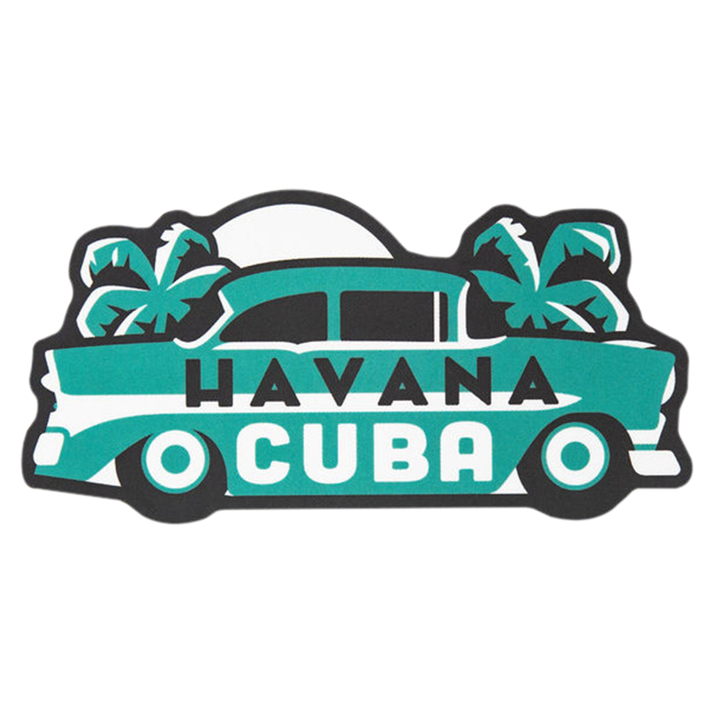 Havana Cuba sticker featuring a classic car with palm trees and bold text in teal and black.