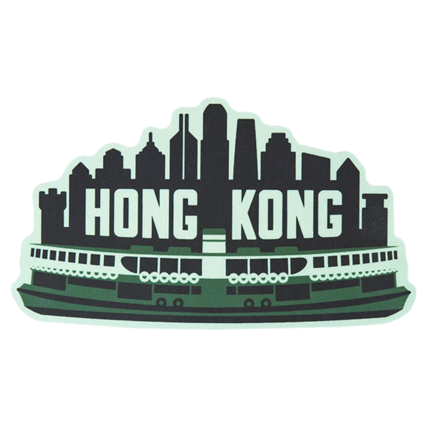 Hong Kong sticker featuring a skyline silhouette and a ferry design in green and black colors.