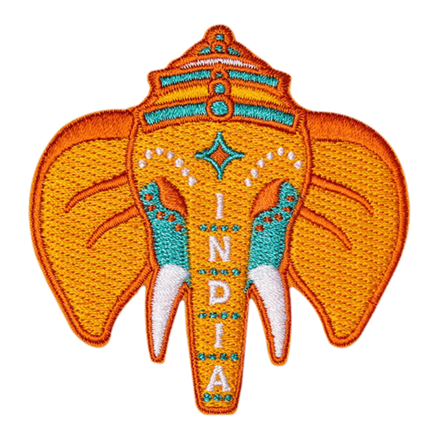 Embroidered India patch featuring an orange elephant design with turquoise and white accents, displaying the word "INDIA.