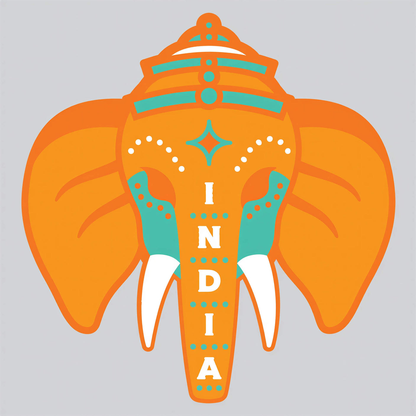 Orange elephant sticker with turquoise accents and the word "India" prominently displayed.
