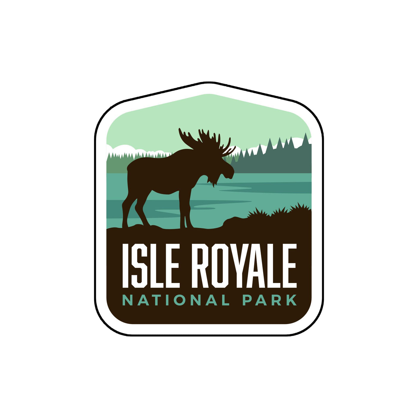 Isle Royale National Park patch featuring a moose silhouette against a lake and forest backdrop.