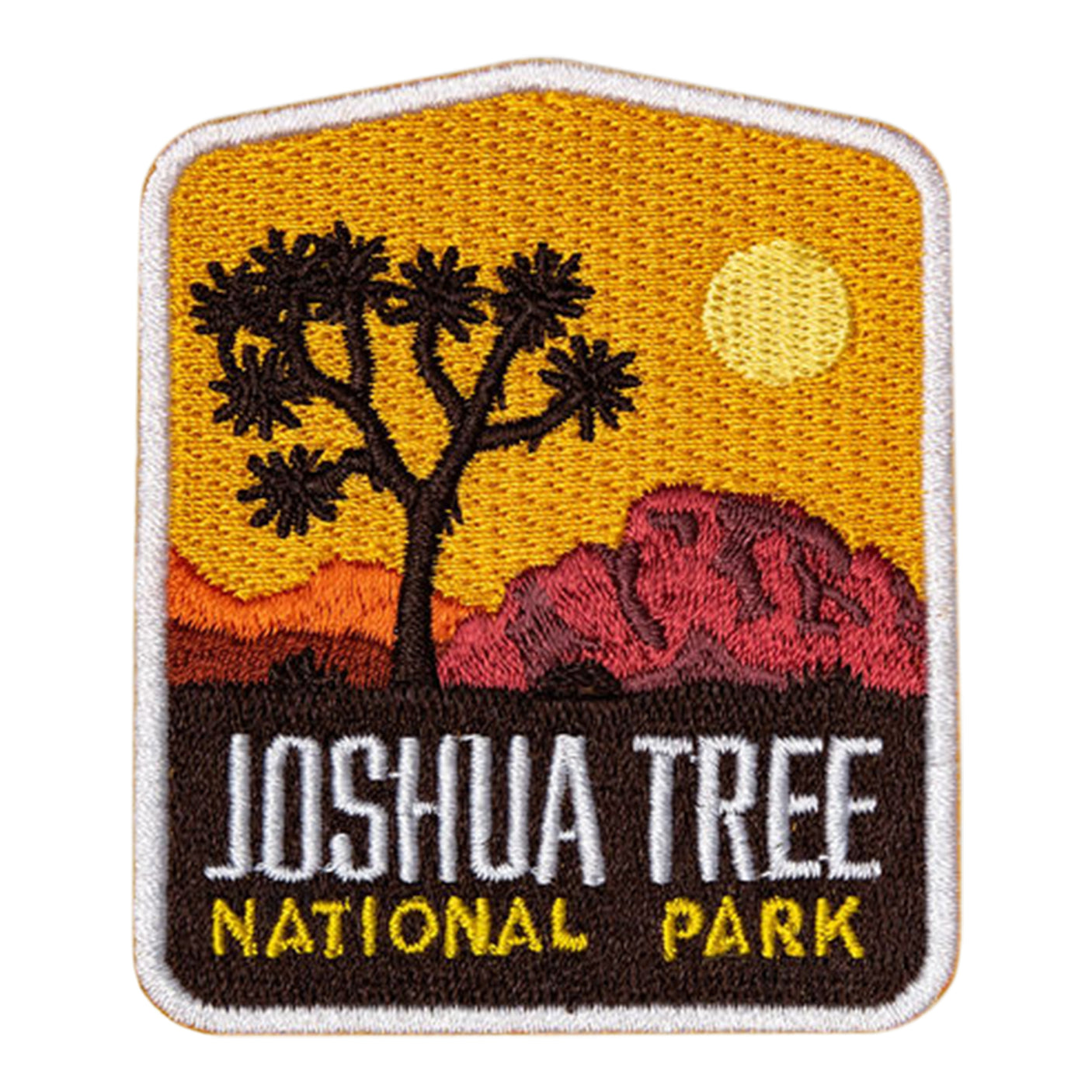 Joshua Tree National Park patch featuring a silhouette of a Joshua tree, mountains, and a sun on a yellow background.