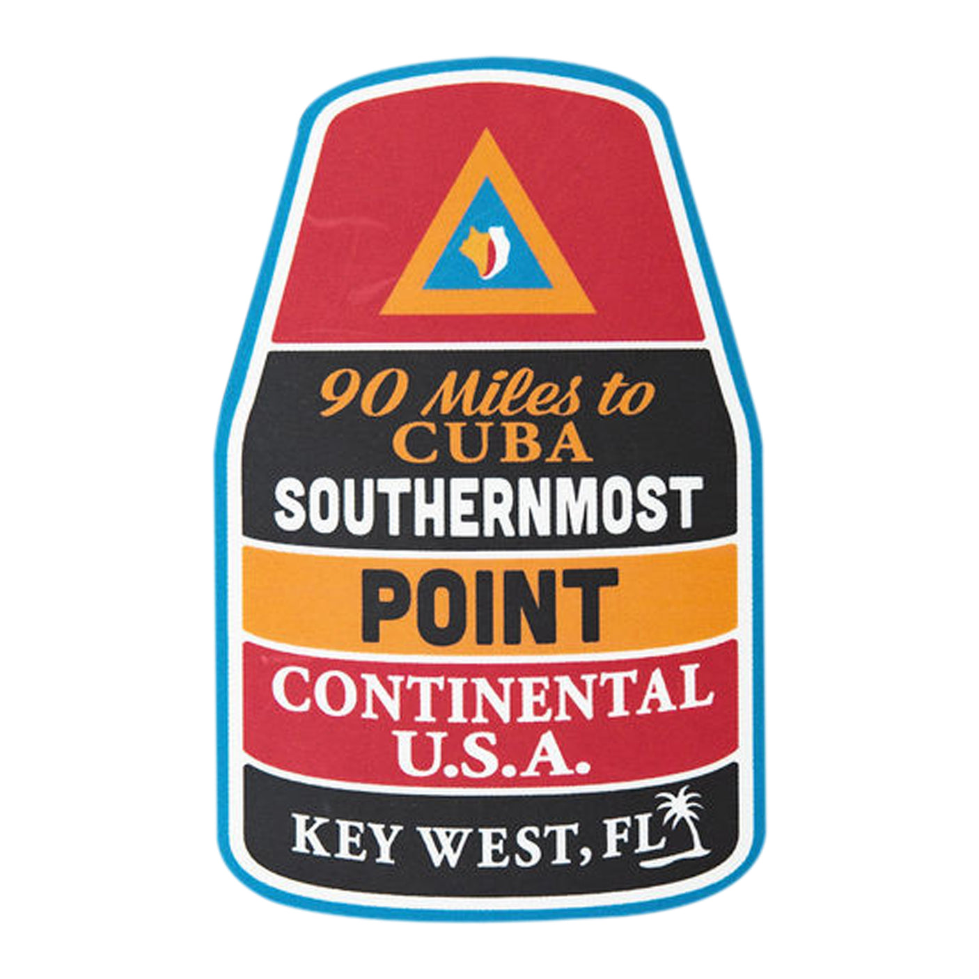 Key West Florida sticker featuring a colorful design with text about distance to Cuba and southernmost point.