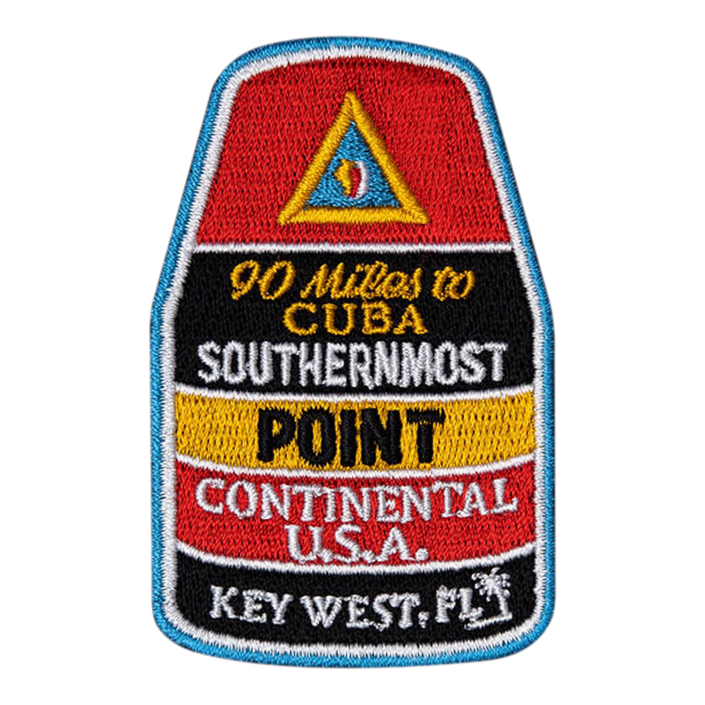 Key West Florida patch featuring red, yellow, and black colors with text and a triangular emblem.