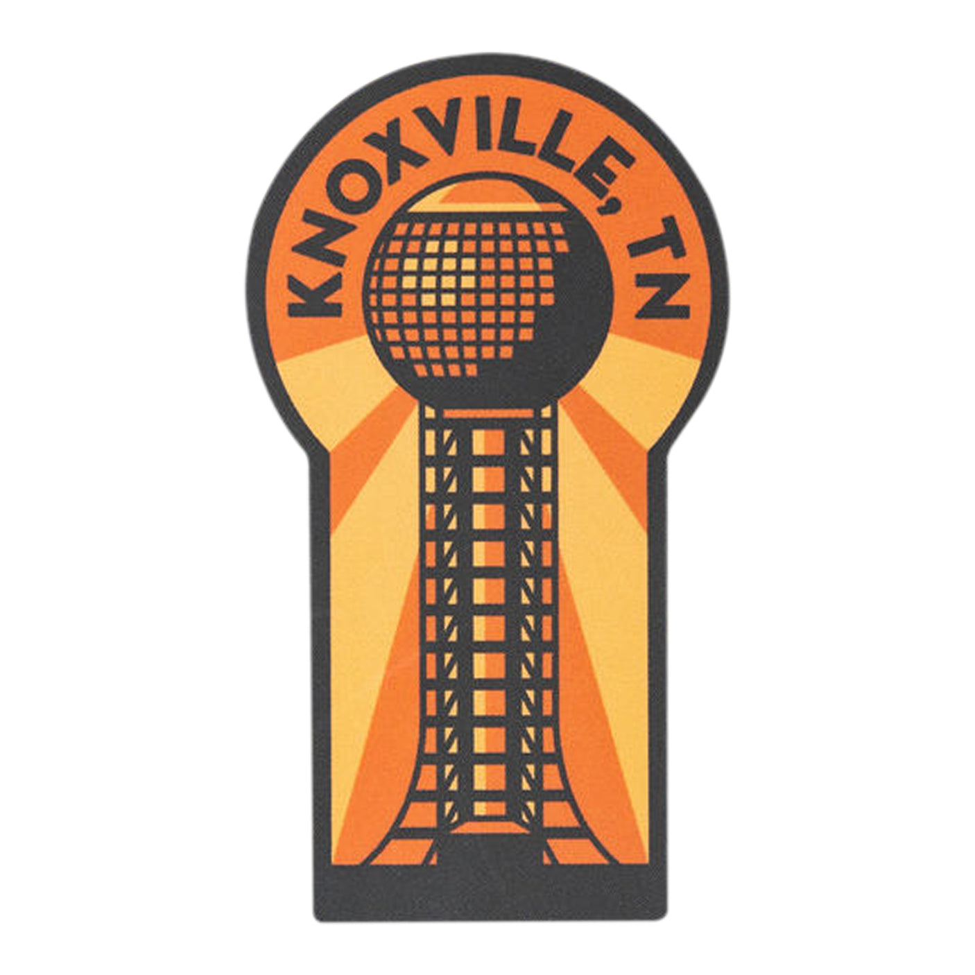 Knoxville Tennessee sticker featuring a graphic of the Sunsphere tower in black and orange colors.