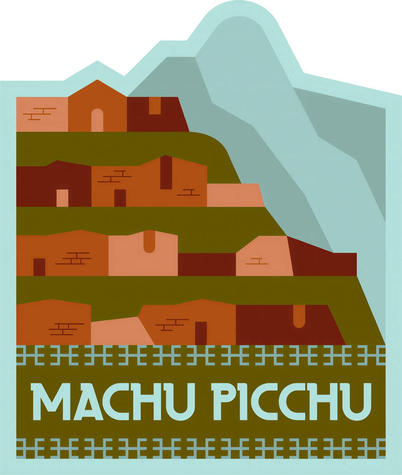 Machu Picchu patch featuring stylized buildings and mountains in earthy tones with a light blue background.
