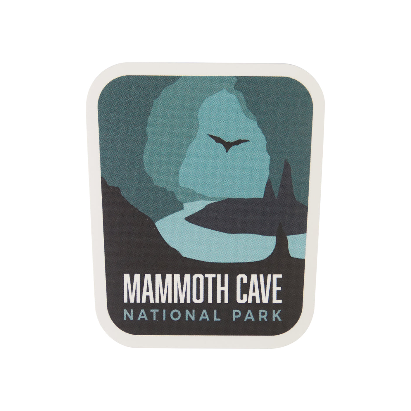 Mammoth Cave National Park sticker featuring a cave silhouette and a bat in dark green and blue tones.