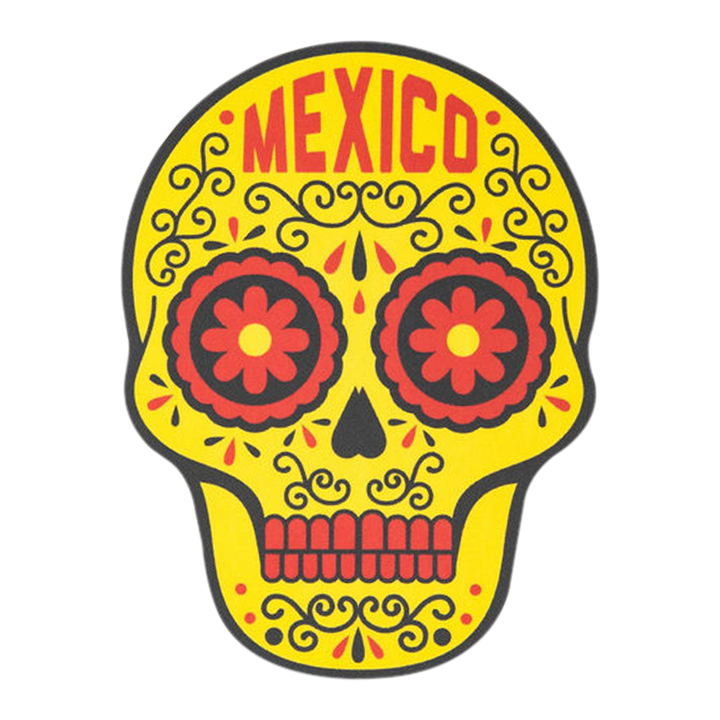 Yellow skull sticker with red flowers and "Mexico" text at the top, featuring intricate decorative patterns.