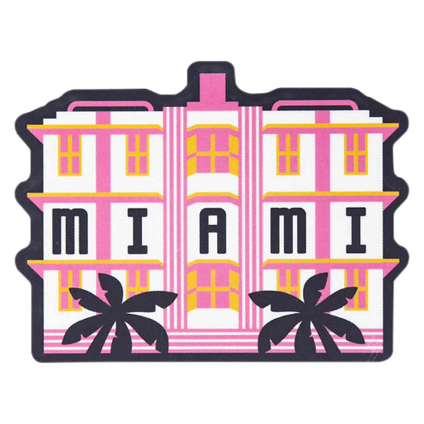 Miami Florida sticker featuring a pink Art Deco building with "MIAMI" text and palm trees on either side.