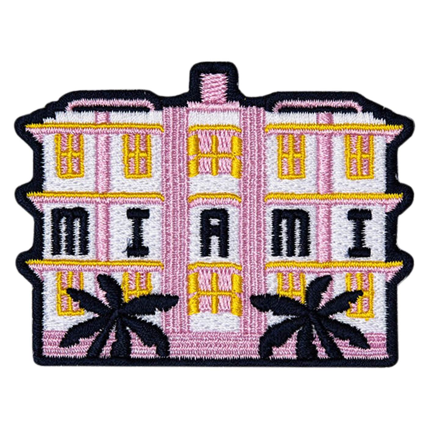 Miami Florida patch featuring a pink building with "MIAMI" text and palm trees on either side.