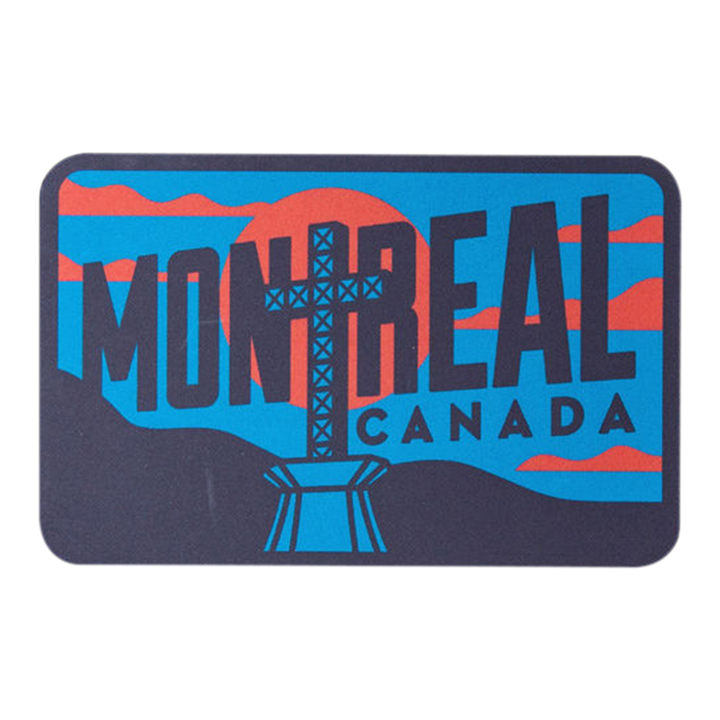 Montreal Quebec sticker featuring bold text and a graphic design with red and blue colors.