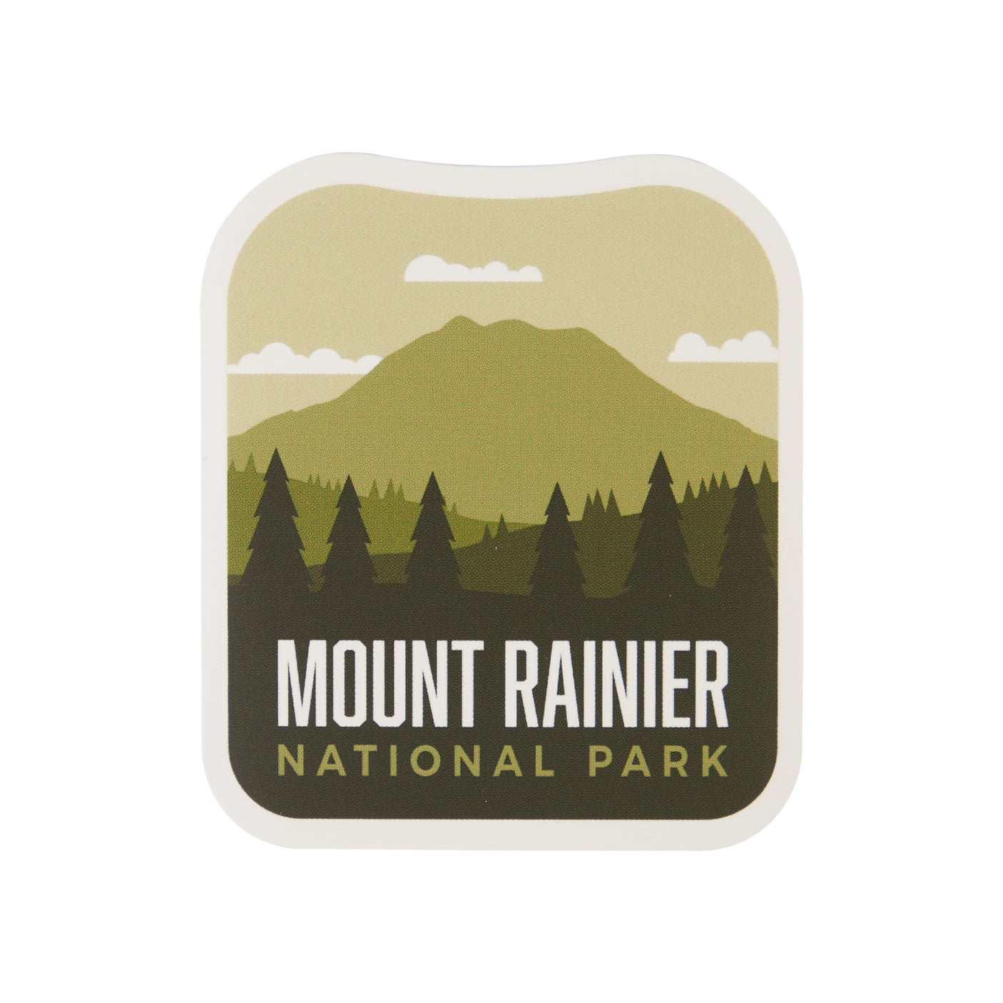 Mount Rainier National Park sticker featuring a mountain and forest design in green and cream colors.