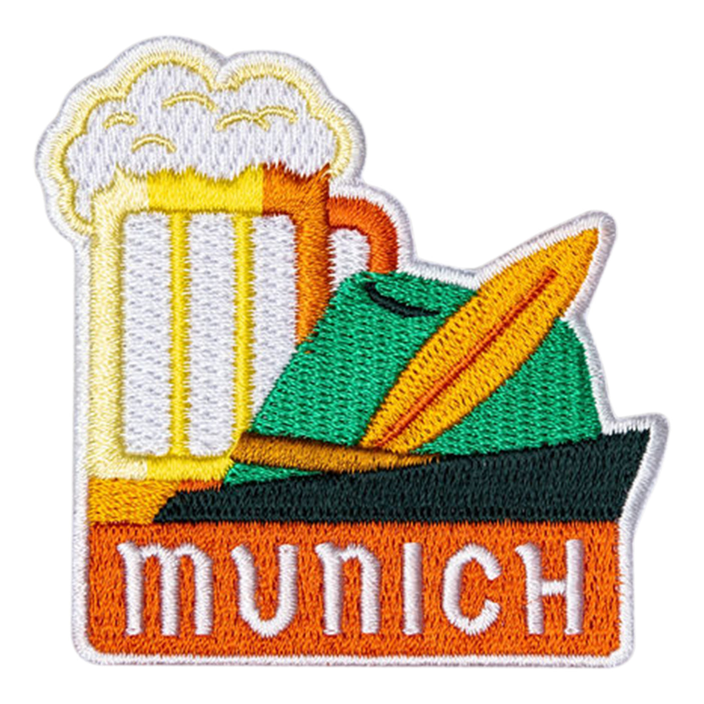 Munich Germany patch featuring a beer mug and a green hat with orange accents and the word "Munich" at the bottom.