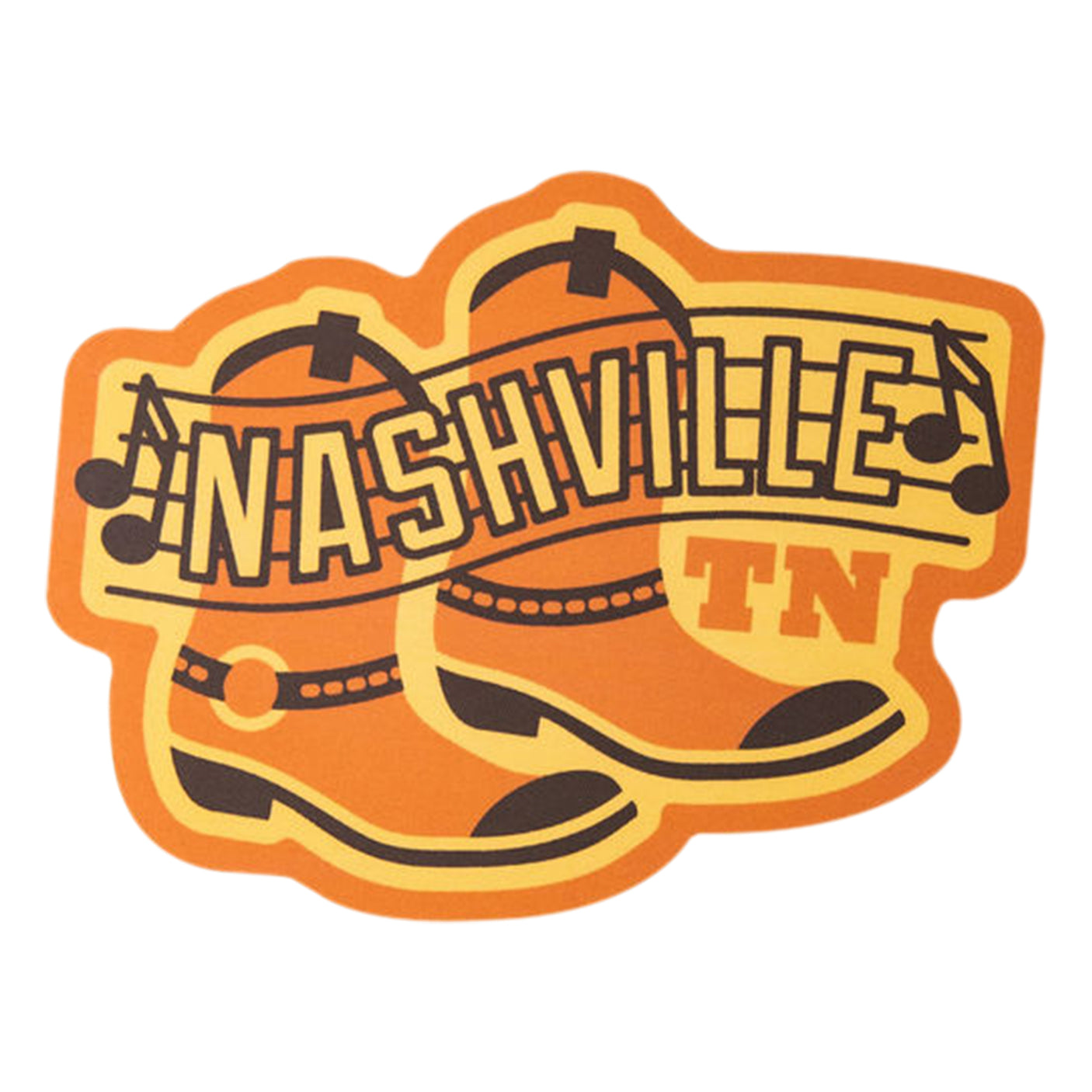 Nashville Tennessee sticker featuring orange cowboy boots and musical notes on a yellow background.