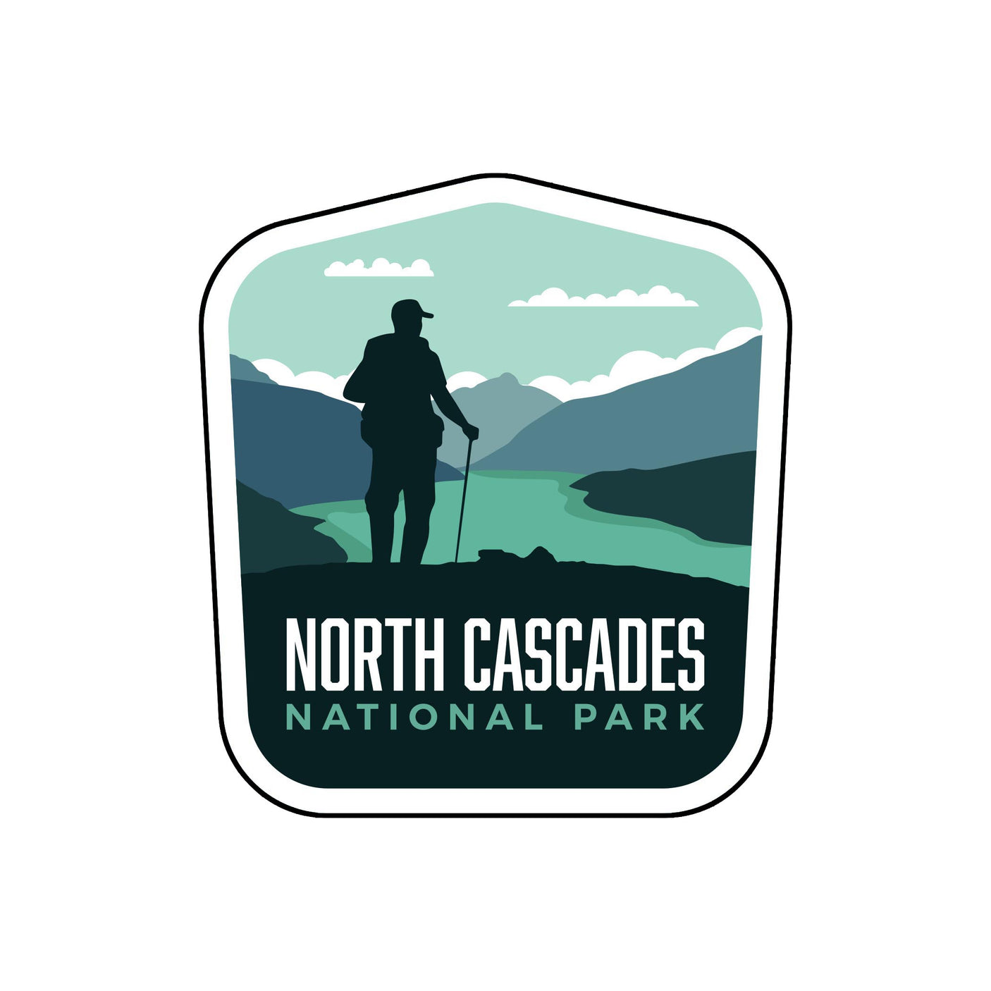 North Cascades National Park patch featuring a hiker silhouette against mountains and water, with a green and blue color s...