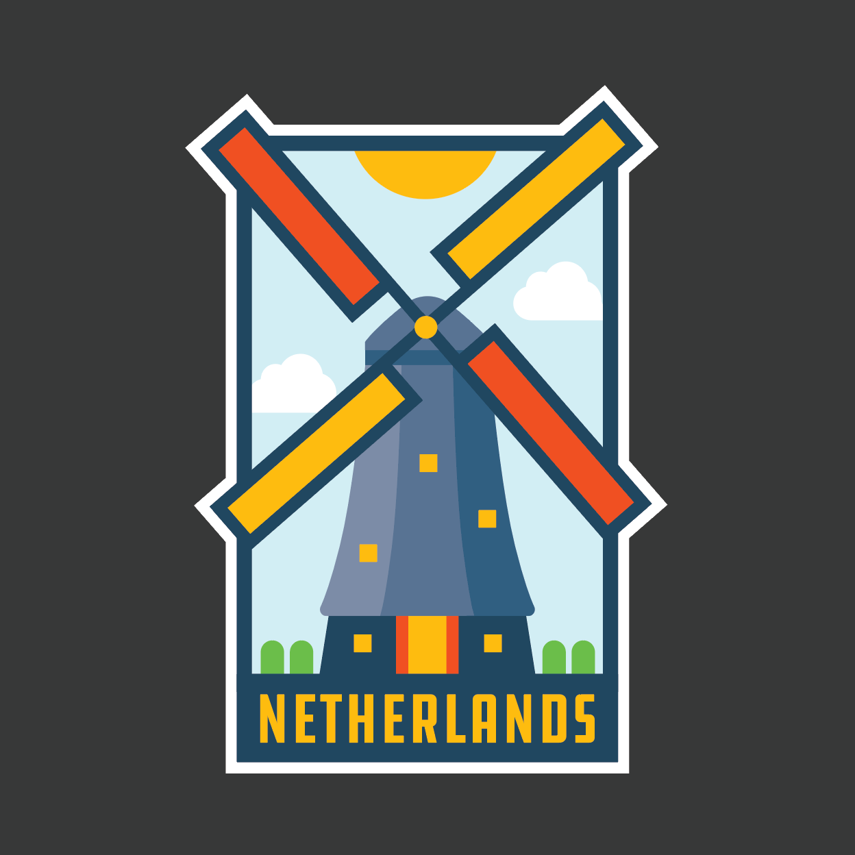 Netherlands sticker featuring a windmill, blue sky, sun, and colorful cross design with "NETHERLANDS" text.