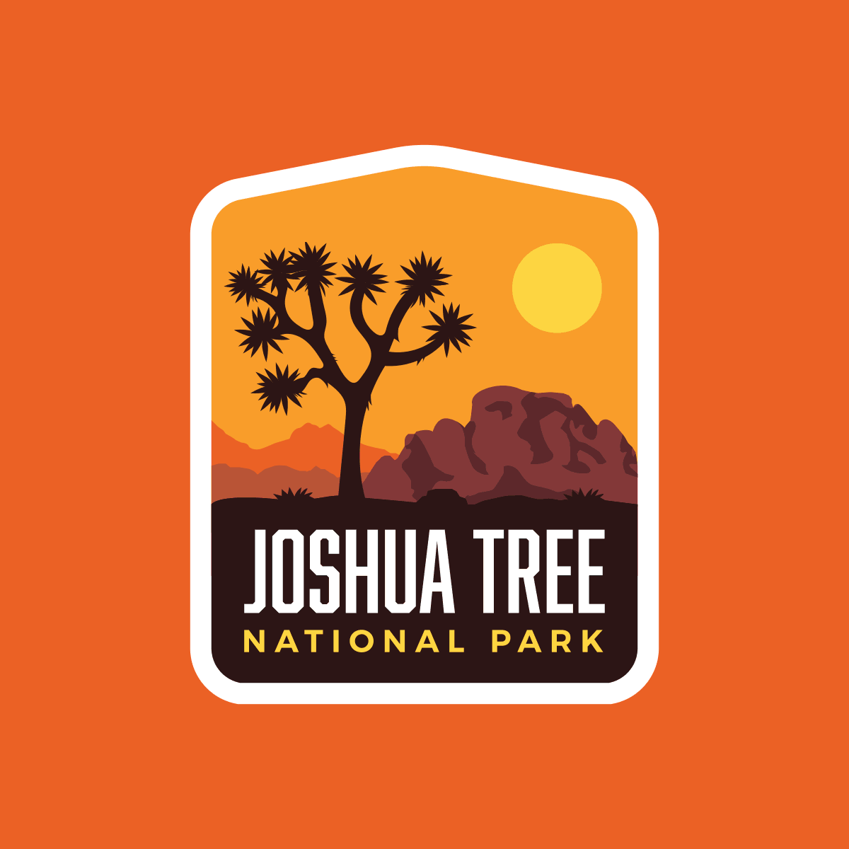 Joshua Tree National Park sticker featuring a silhouette of a tree and mountains against an orange background.