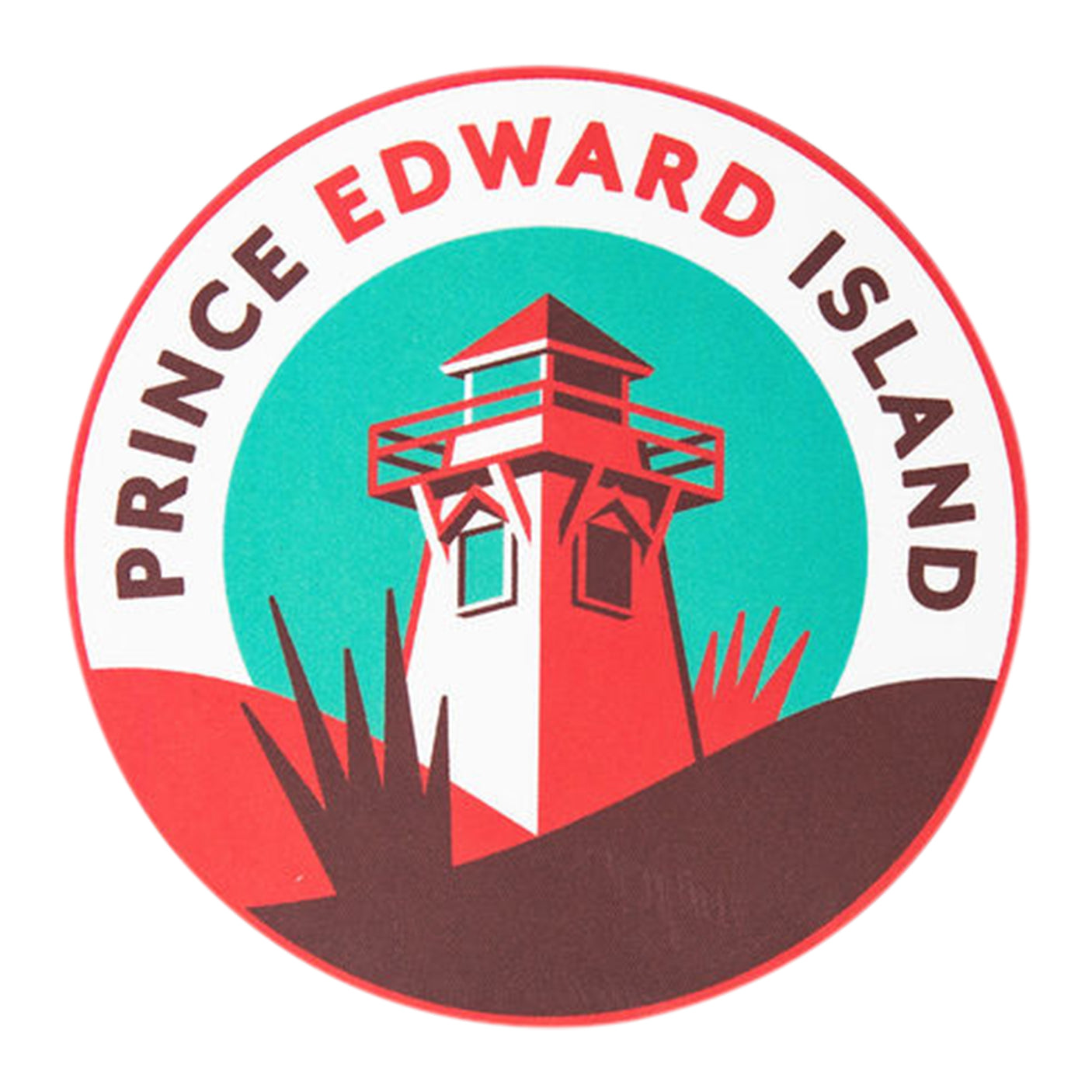 Circular sticker featuring a red lighthouse on a green and white background, labeled "Prince Edward Island.