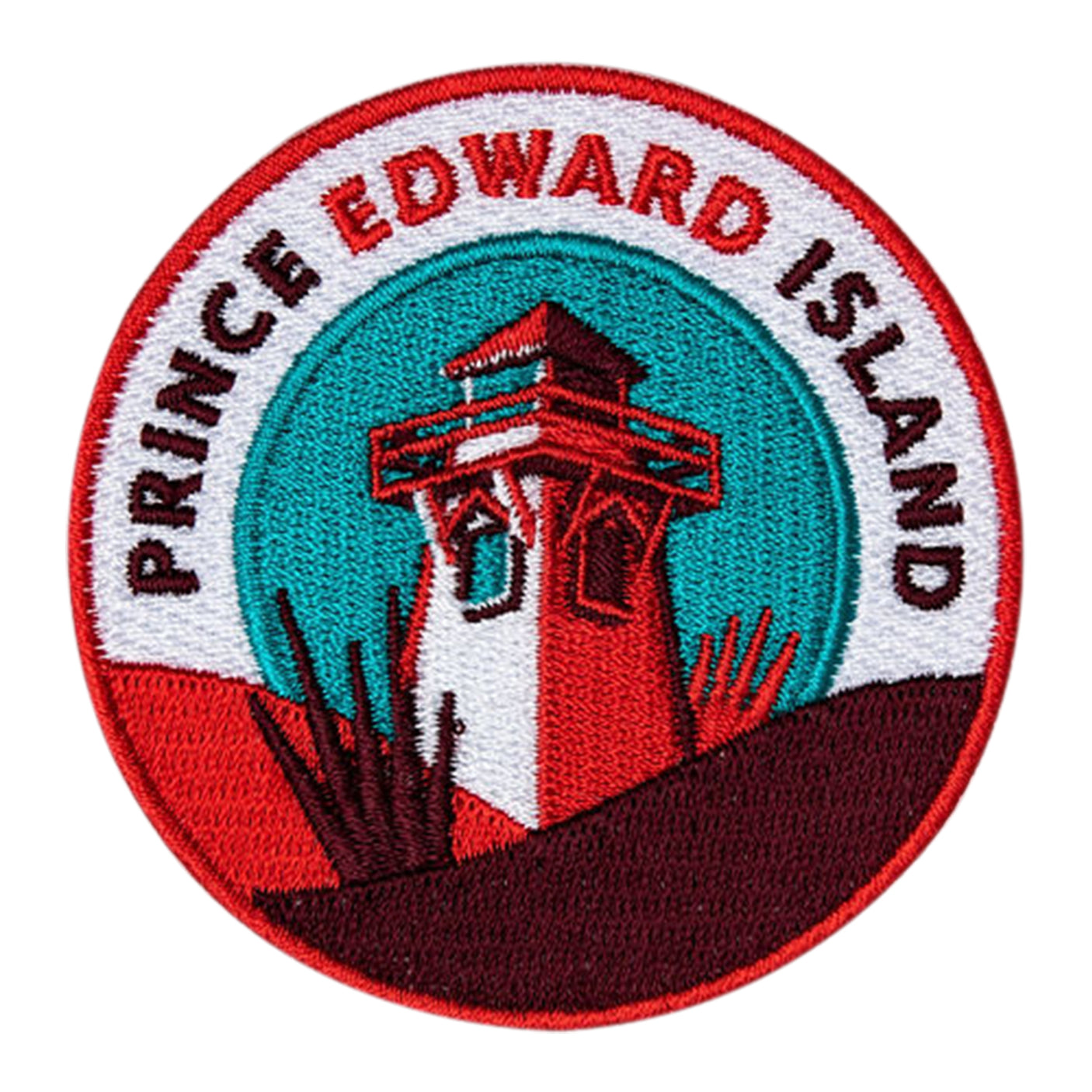 Prince Edward Island patch featuring a red lighthouse, teal background, and white text in a circular design.