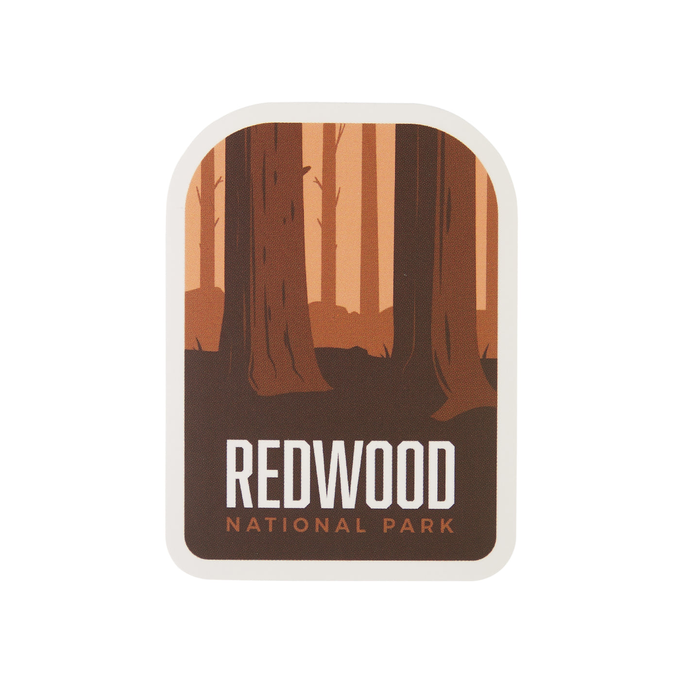 Redwood National Park sticker featuring tall trees and earthy tones in a rectangular shape.