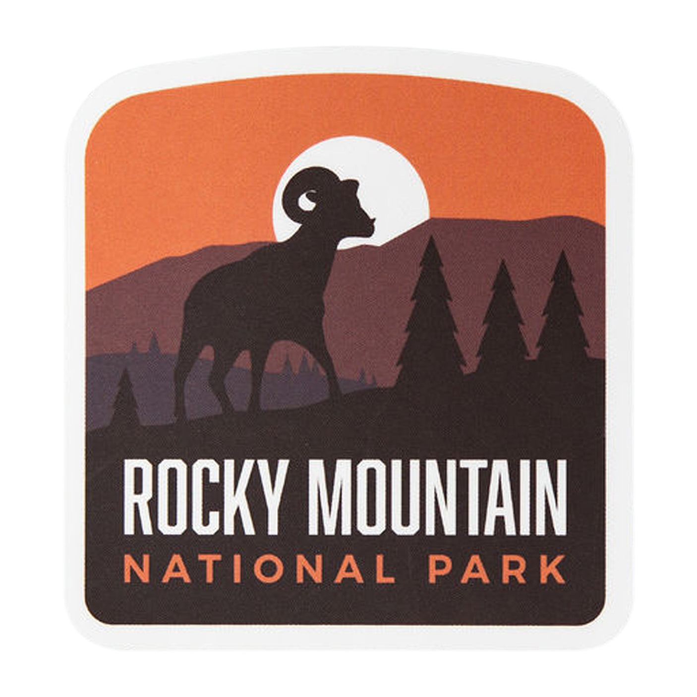 Rocky Mountain National Park sticker featuring a silhouette of a ram against a sunset backdrop with trees.