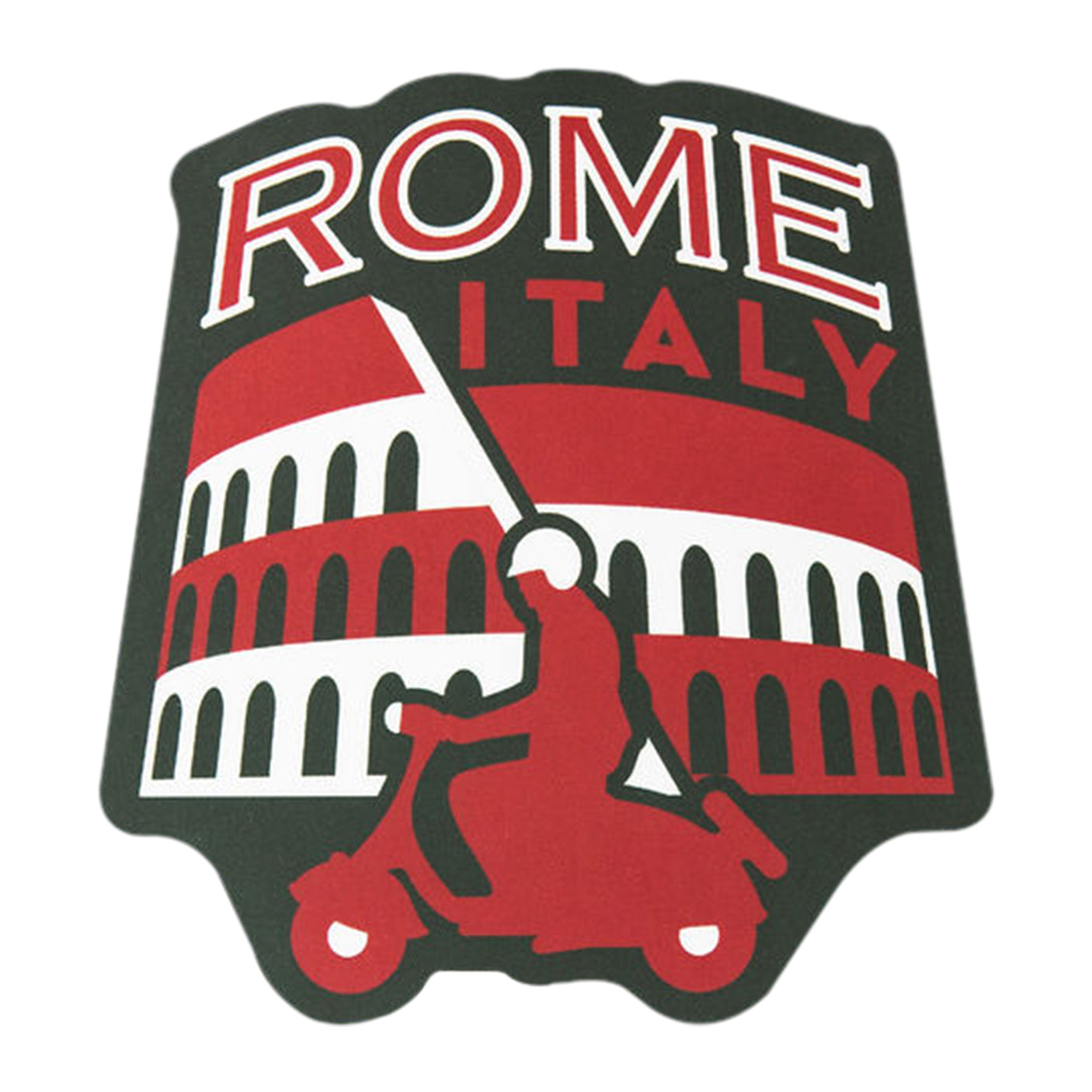 Rome Italy sticker featuring a silhouette of a scooter rider and the Colosseum in red and white colors.