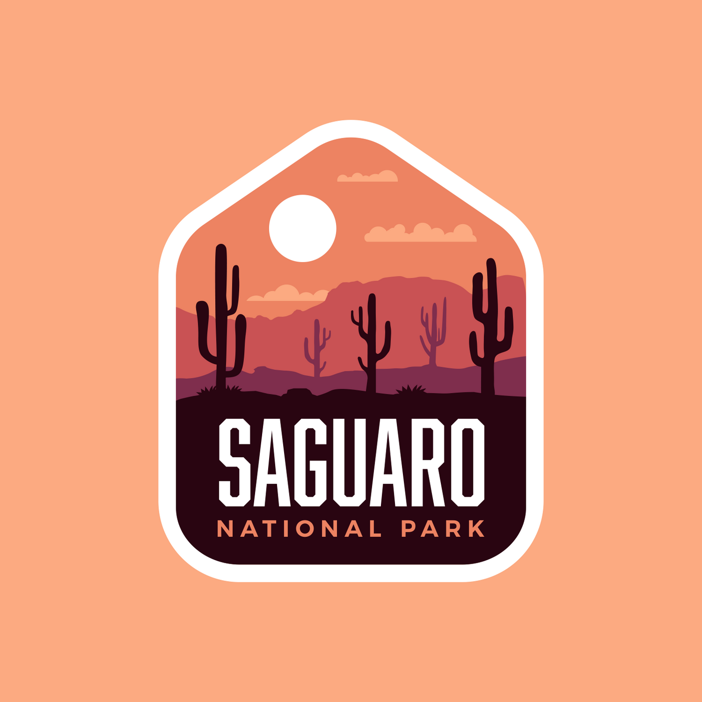 Saguaro National Park sticker featuring cacti, mountains, and a sun against a peach background.