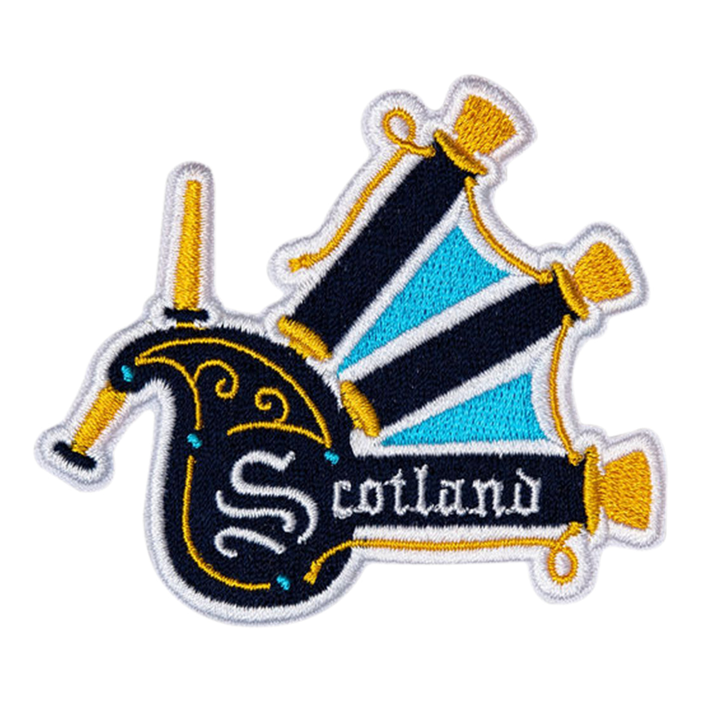 Scotland patch featuring a bagpipe design with blue and gold accents on a black background.