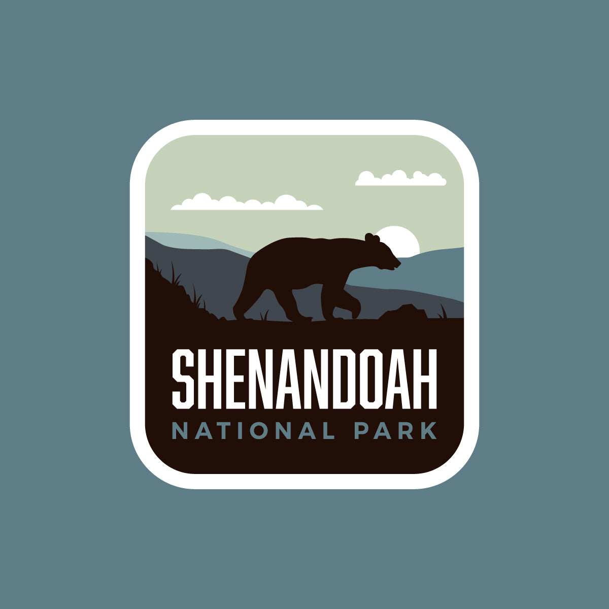 Shenandoah National Park patch featuring a bear silhouette against mountains and a sunset background.