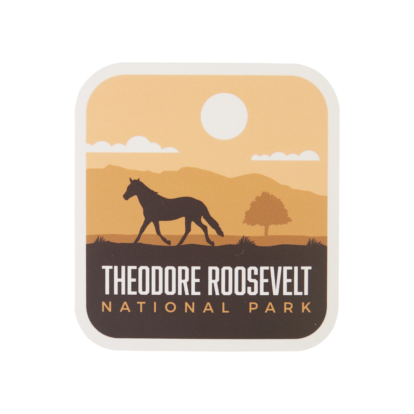 Theodore Roosevelt National Park sticker featuring a silhouette of a horse against a sunset landscape.