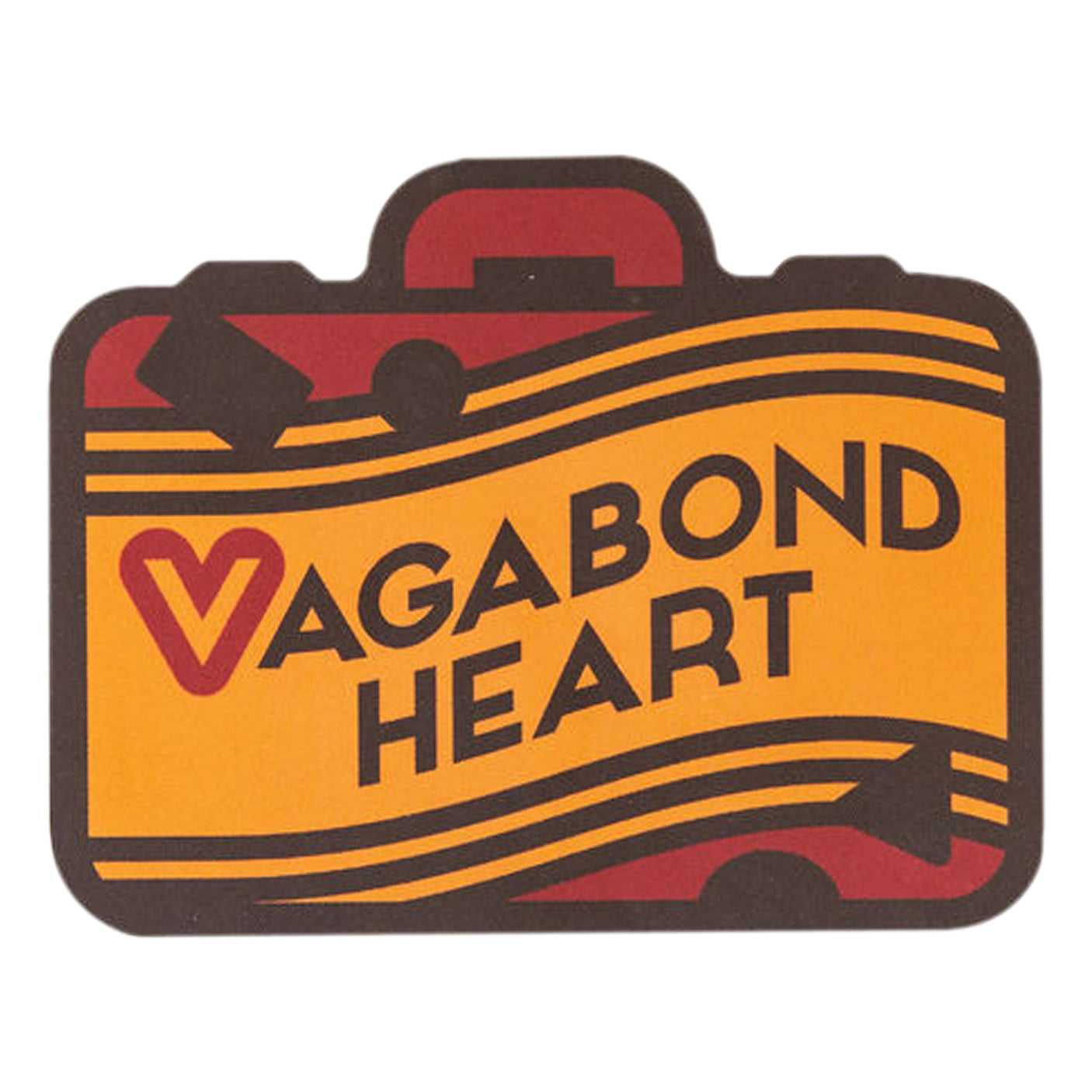 Vagabond Heart Wanderer sticker featuring a suitcase design with red and yellow colors and travel-themed graphics.