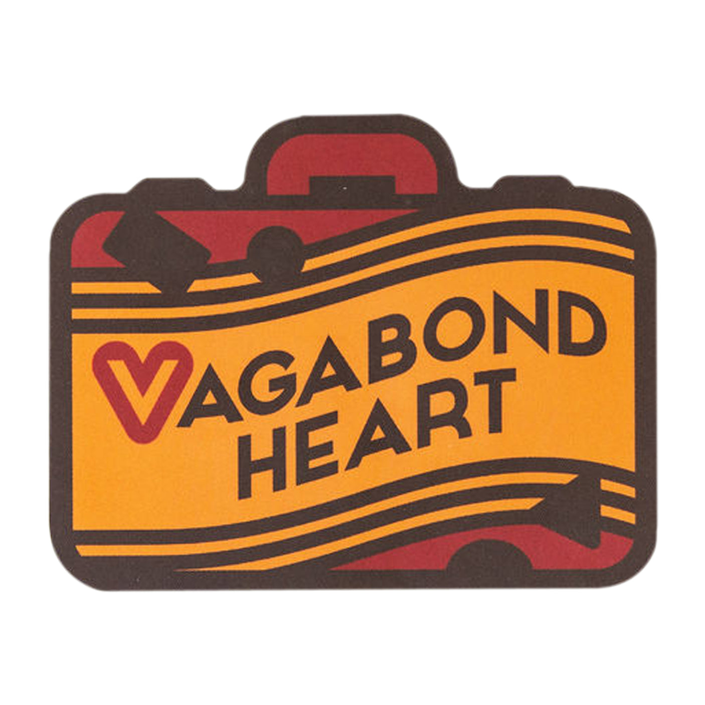 Vagabond Heart Wanderer sticker featuring a suitcase design with orange and yellow colors and bold black text.