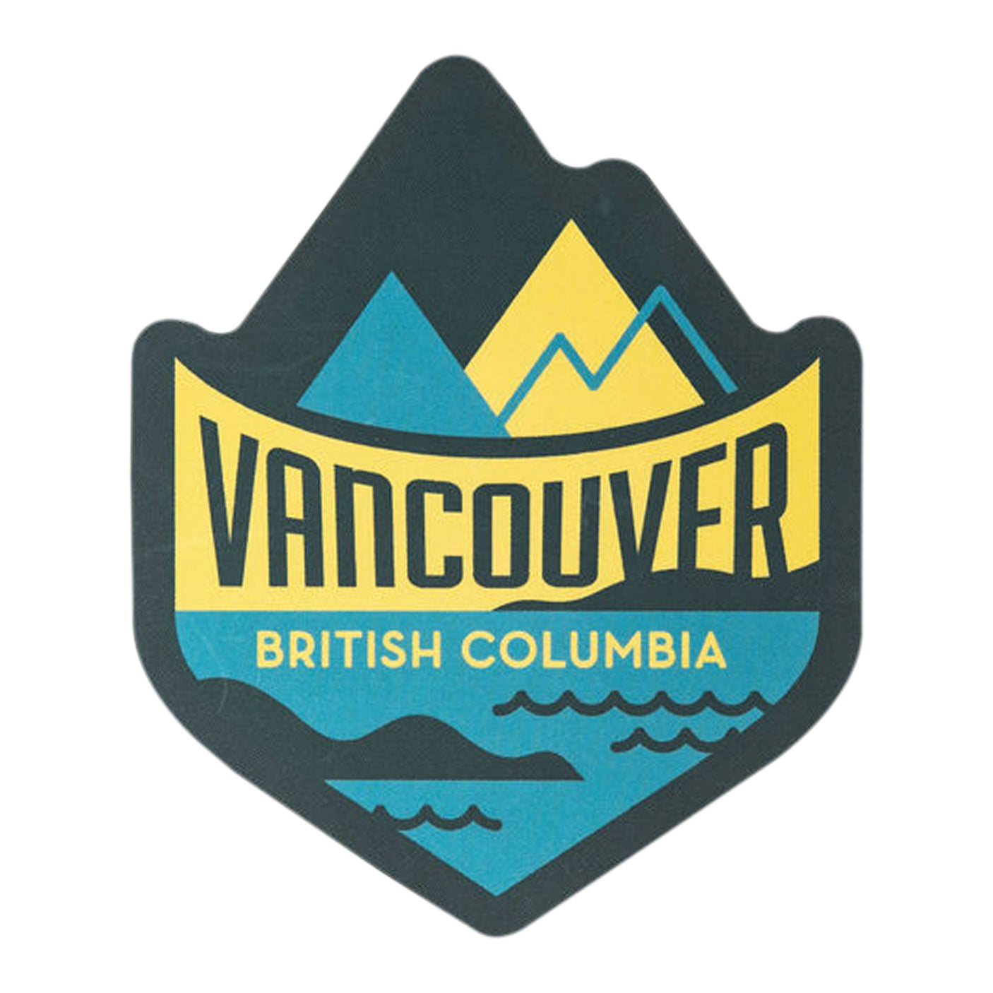 Vancouver British Columbia sticker featuring mountains, waves, and a blue and yellow color scheme.