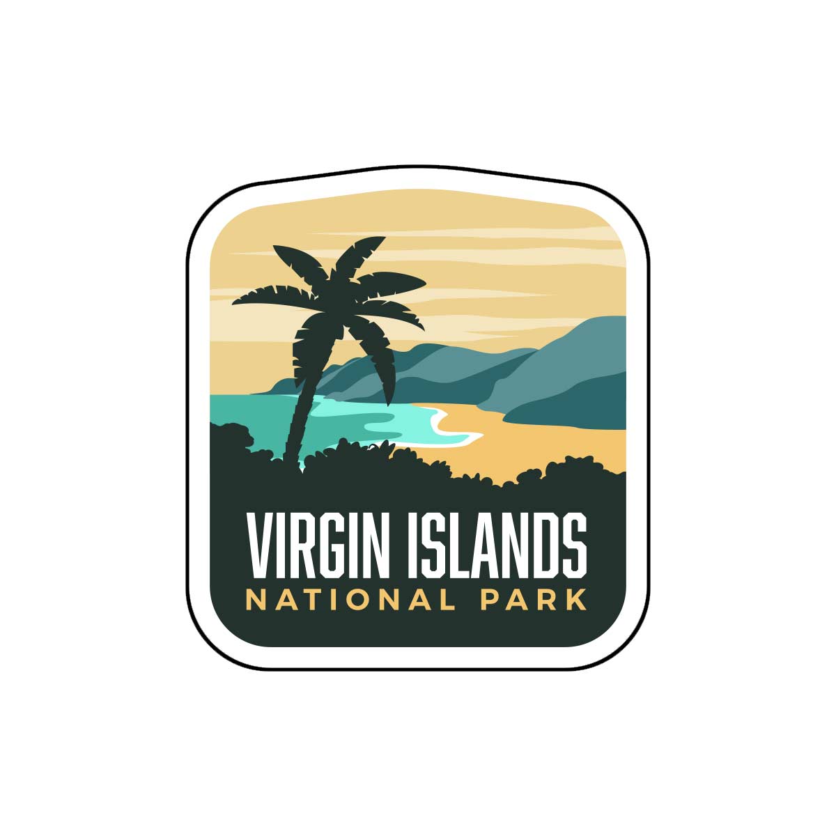 BONUS National Park sticker featuring palm trees, mountains, and a sunset in shades of green and orange.