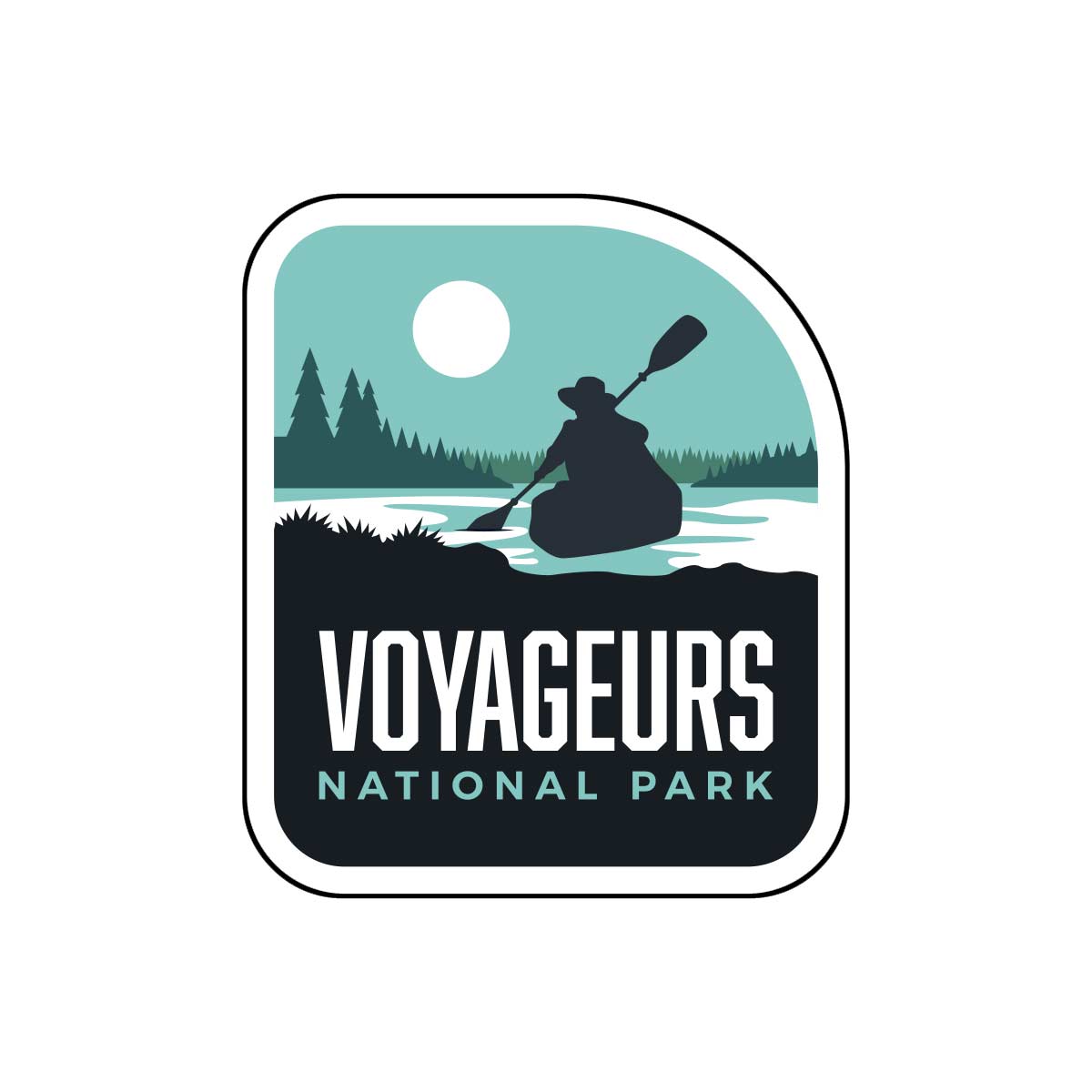 BONUS National Park sticker featuring a silhouette of a kayaker on water with trees and a moon in the background.