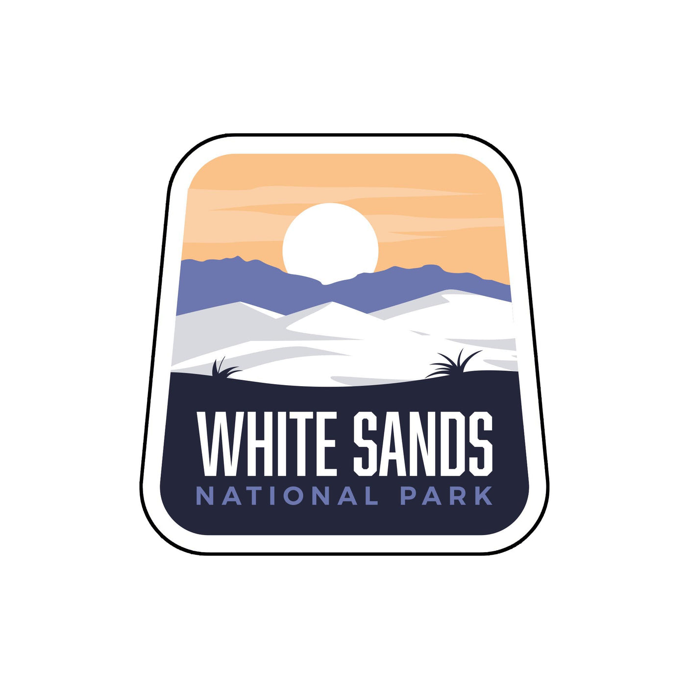 White Sands National Park patch featuring a sunset over white dunes and mountains, with bold text below.