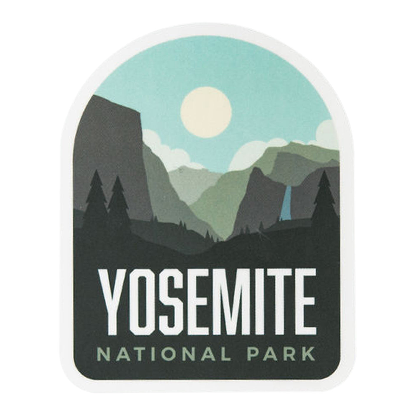 Yosemite National Park sticker featuring mountains, trees, and a sun in a blue and green color palette.