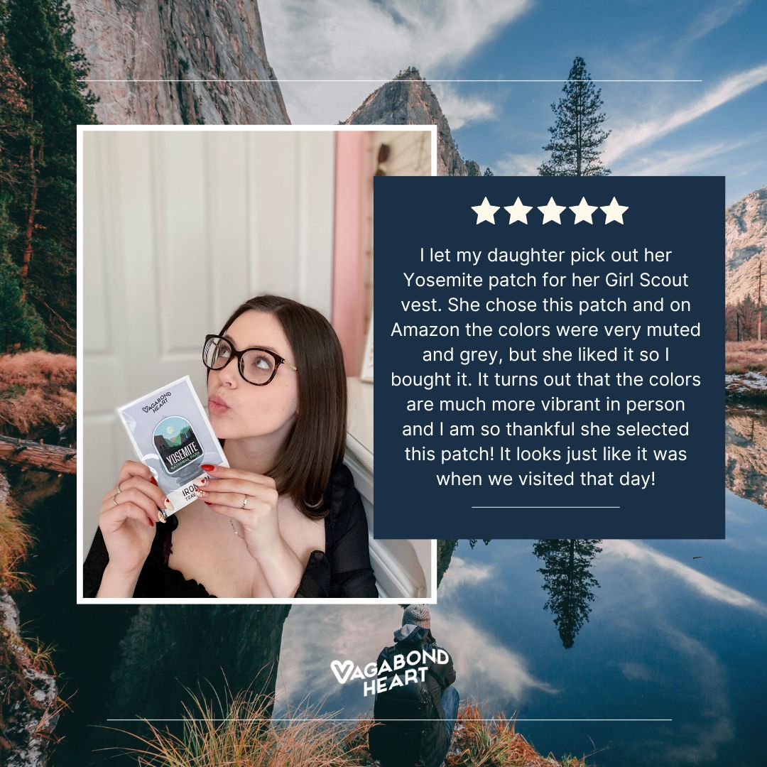 Yosemite National Park patch featuring vibrant colors and mountain design, held by a person in a natural setting.