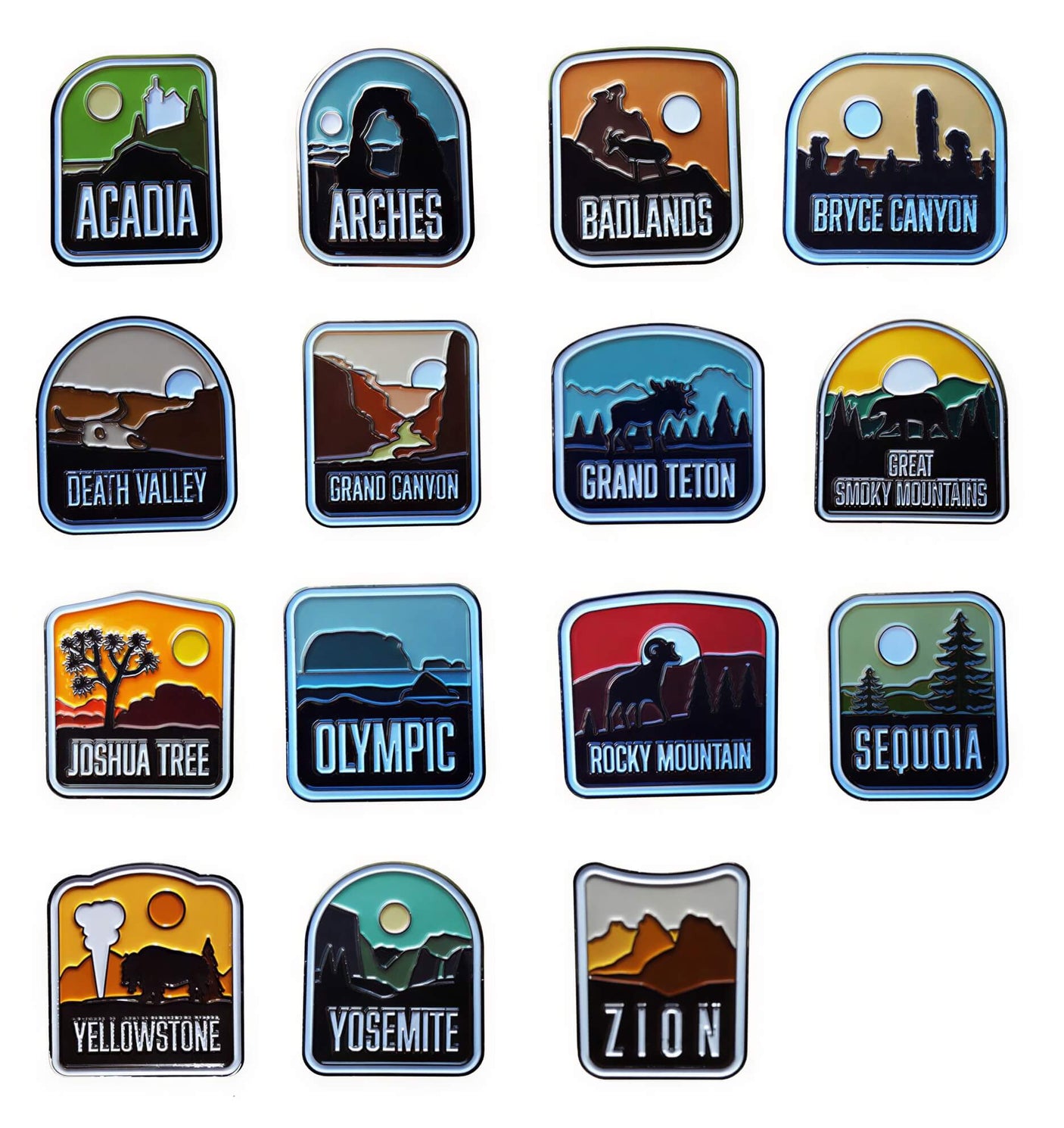 Yellowstone National Park enamel pin featuring a colorful design with mountains and trees in a square shape.