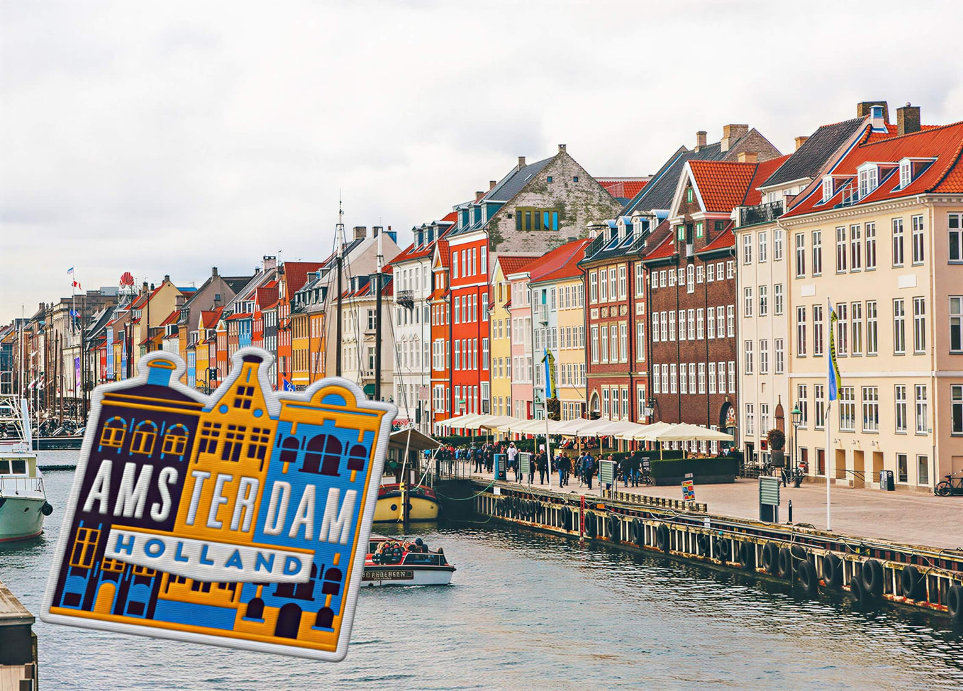 Amsterdam patch featuring colorful buildings and "Holland" text, set against a canal scene with boats.