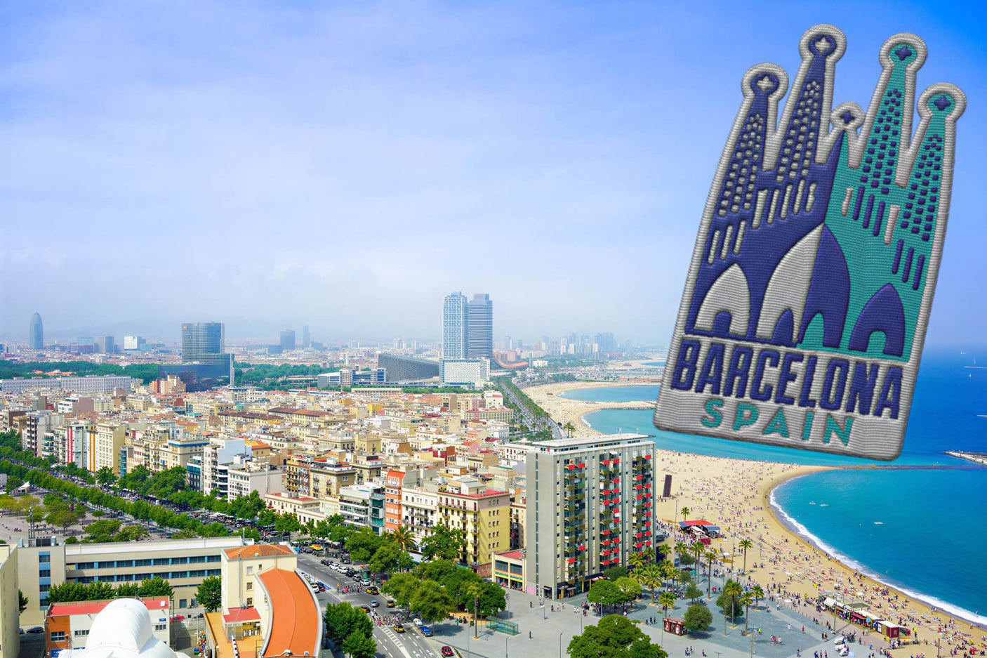 Barcelona Spain sticker featuring iconic architecture, overlaying a panoramic beach view of the city.