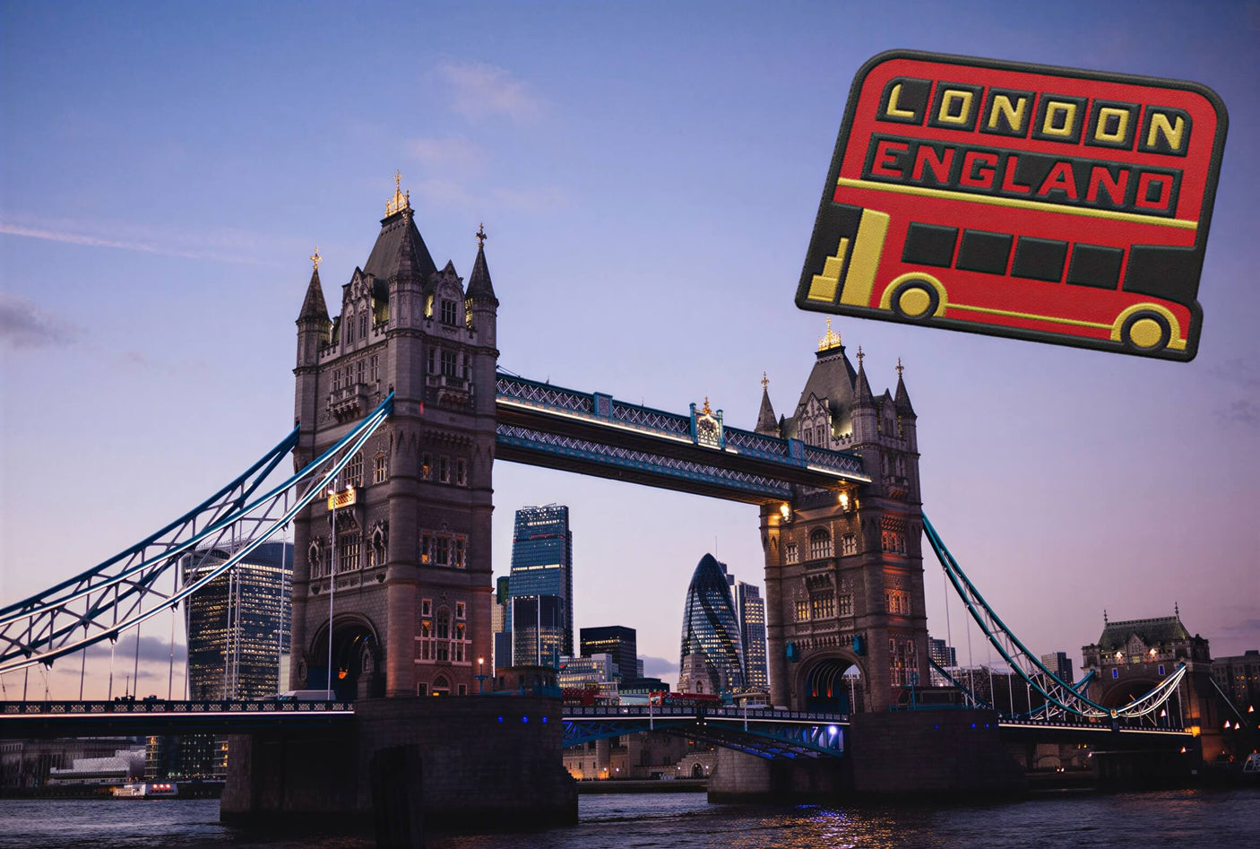 London England sticker featuring a red double-decker bus and the Tower Bridge in the background at dusk.