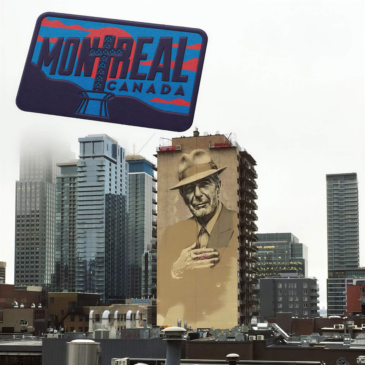 Montreal Quebec patch featuring a cityscape with a mural and skyscrapers in the background.